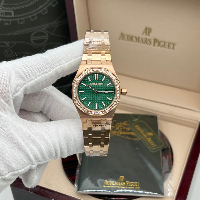 Audemars Piguet Royal Oak Quartz 33mm Rose Gold Diamond Bezel with Green Dial