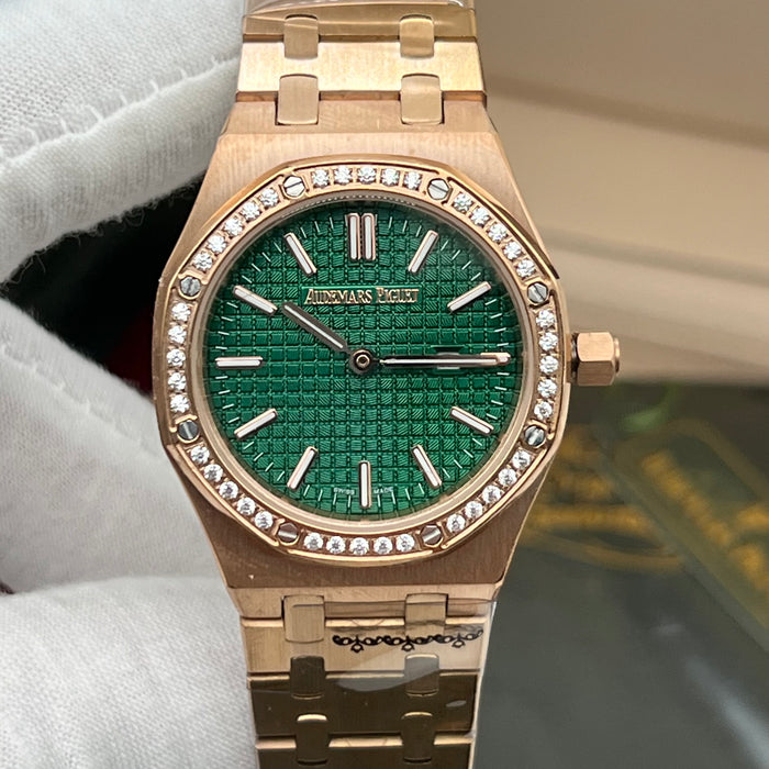 Audemars Piguet Royal Oak Quartz 33mm Rose Gold Diamond Bezel with Green Dial