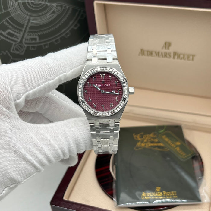 Audemars Piguet Royal Oak Quartz 33mm Stainless Steel Diamond Bezel with Burgundy Eastern Arabic Dial