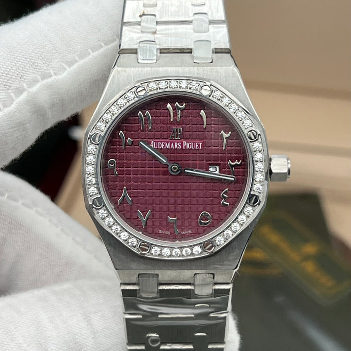Audemars Piguet Royal Oak Quartz 33mm Stainless Steel Diamond Bezel with Burgundy Eastern Arabic Dial