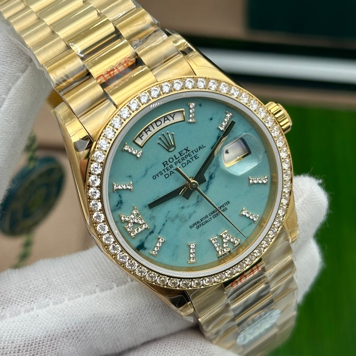 Rolex Day-Date 36MM Yellow Gold Turquoise Dial Diamond Bezel President Bracelet
