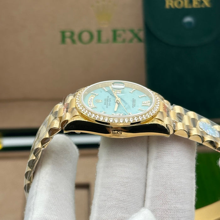 Rolex Day-Date 36MM Yellow Gold Turquoise Dial Diamond Bezel President Bracelet