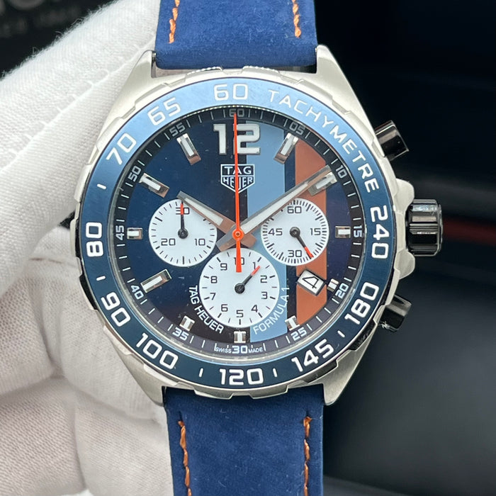TAG Heuer Formula 1 Quartz Chronograph "Gulf Edition" - Blue Calfskin Leather Strap
