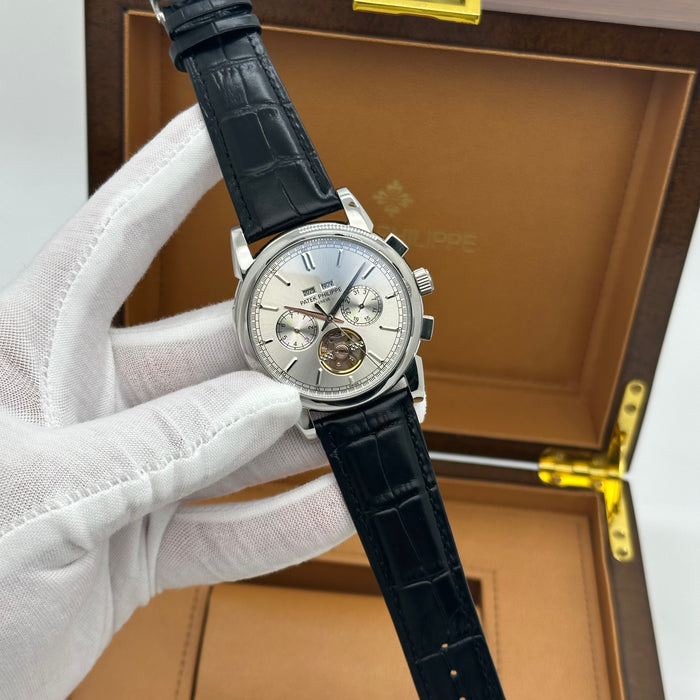 Patek Philippe Open Heart Automatic Silver Case With Black Leather Strap
