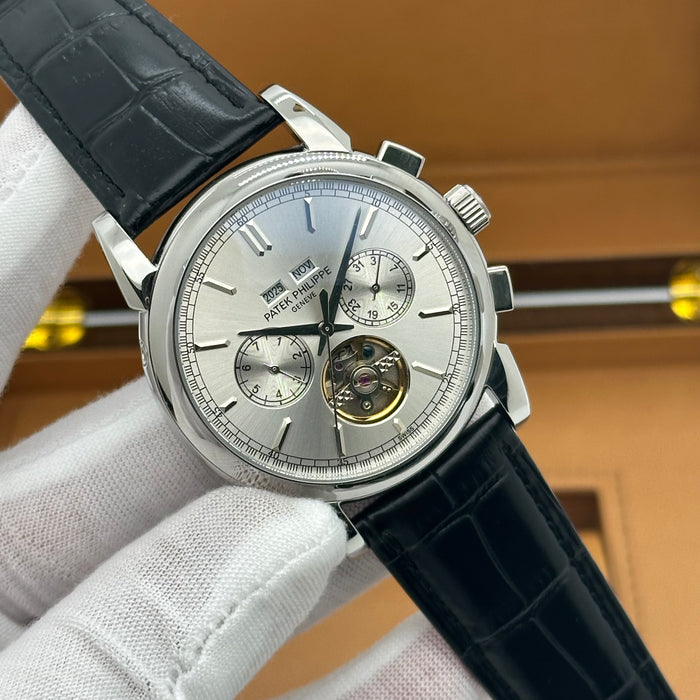 Patek Philippe Open Heart Automatic Silver Case With Black Leather Strap