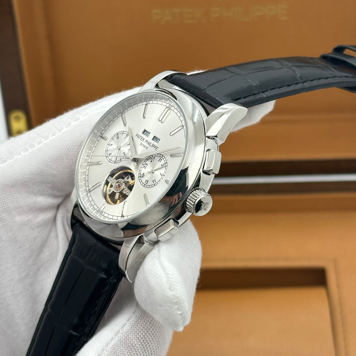 Patek Philippe Open Heart Automatic Silver Case With Black Leather Strap