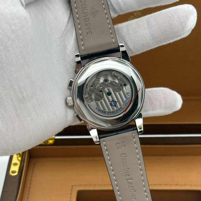 Patek Philippe Open Heart Automatic Silver Case With Black Leather Strap