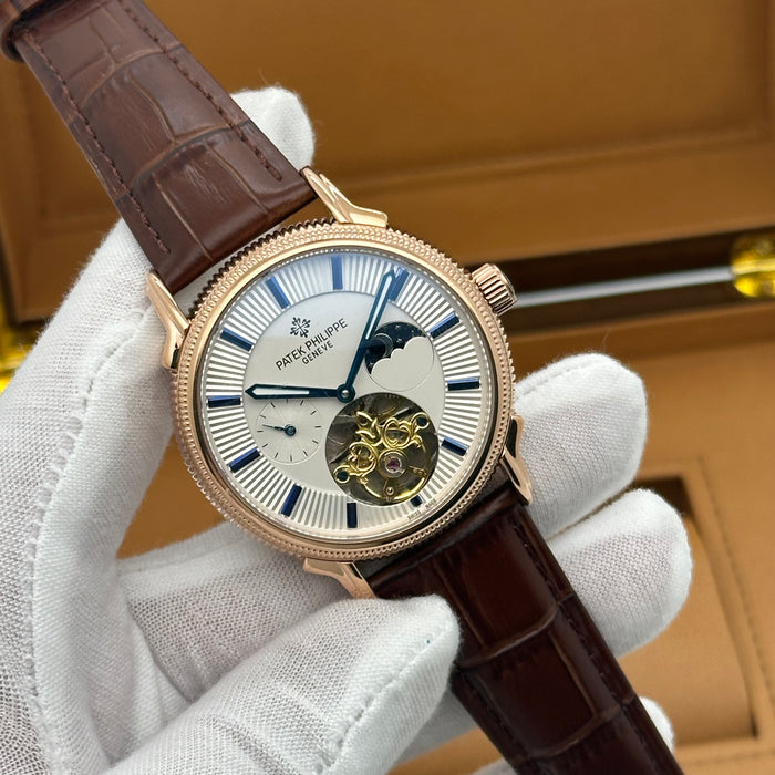 Patek Philippe Tourbillon Skeleton Rose Gold Case With Brown Leather Strap