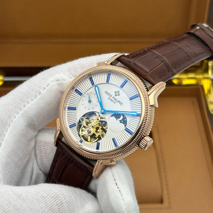 Patek Philippe Tourbillon Skeleton Rose Gold Case With Brown Leather Strap