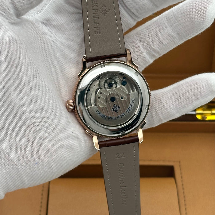 Patek Philippe Tourbillon Skeleton Rose Gold Case With Brown Leather Strap