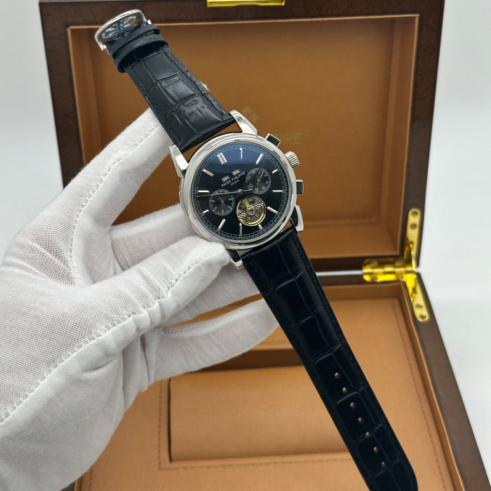 Patek Philippe Tourbillon Silver Case Black Dial With Black Leather Strap