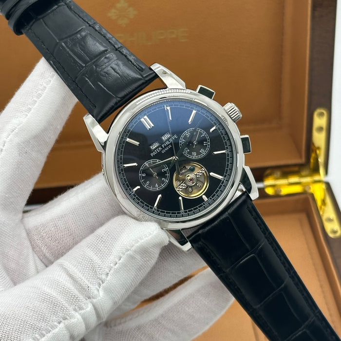 Patek Philippe Tourbillon Silver Case Black Dial With Black Leather Strap