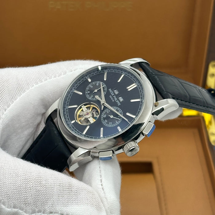 Patek Philippe Tourbillon Silver Case Black Dial With Black Leather Strap