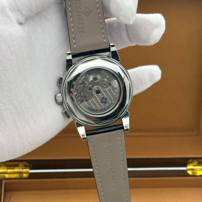 Patek Philippe Tourbillon Silver Case Black Dial With Black Leather Strap
