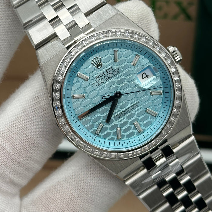 Rolex Oyster Perpetual 40MM Land-Dweller Ice Blue Dial with Diamond Bezel – Jubilee Bracelet