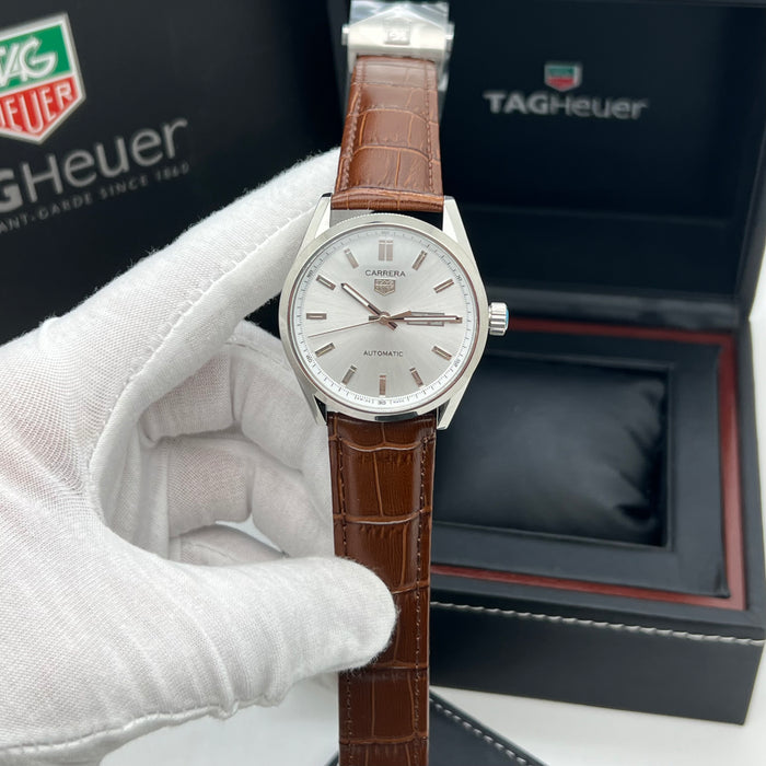 TAG Heuer Carrera Calibre 5 Day-Date Silver Dial - Brown Leather Strap