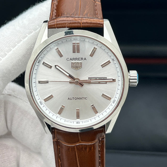 TAG Heuer Carrera Calibre 5 Day-Date Silver Dial - Brown Leather Strap