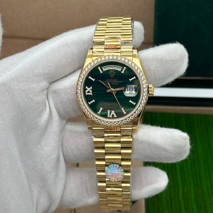 Rolex Day-Date 36mm Yellow Gold Green Malachite Dial Diamond Bezel