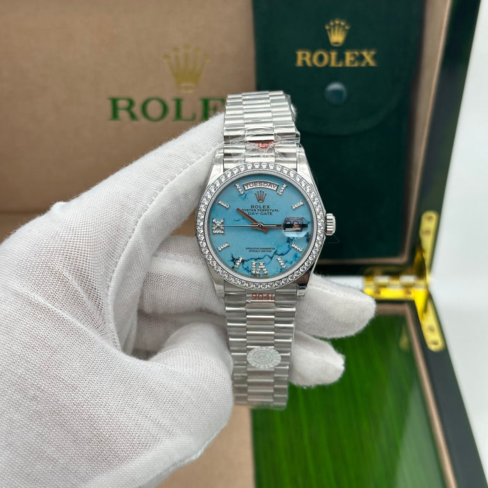 Rolex Day-Date 36mm White Gold Turquoise Dial with Diamond Bezel & Roman Diamond Markers
