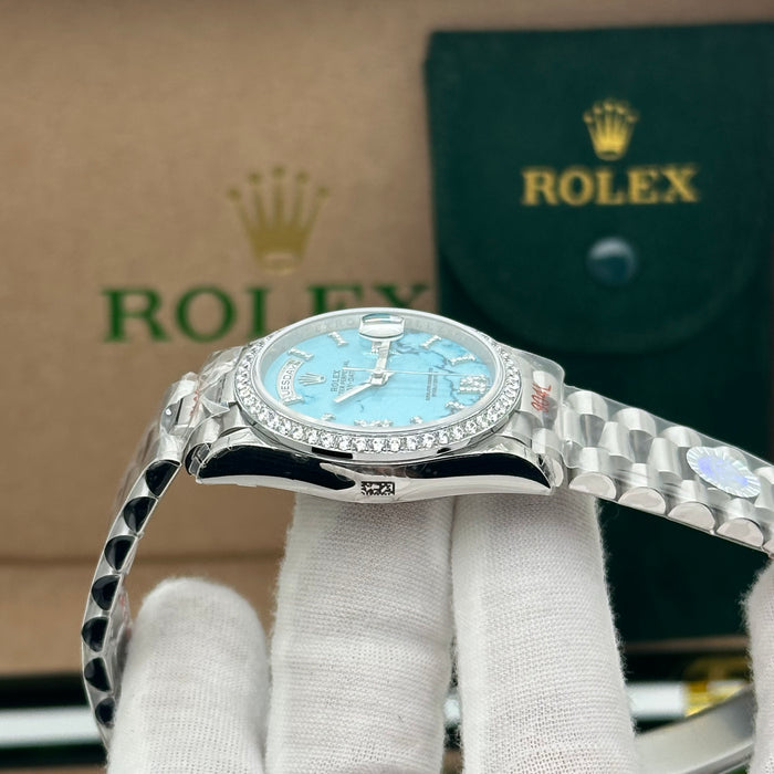 Rolex Day-Date 36mm White Gold Turquoise Dial with Diamond Bezel & Roman Diamond Markers