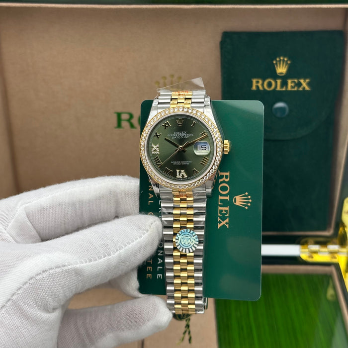 Rolex Datejust 36mm Two-Tone Jubilee Green Dial with Diamond Roman Numerals & Diamond Bezel