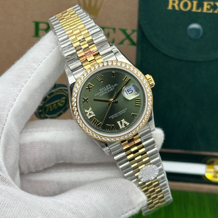 Rolex Datejust 36mm Two-Tone Jubilee Green Dial with Diamond Roman Numerals & Diamond Bezel