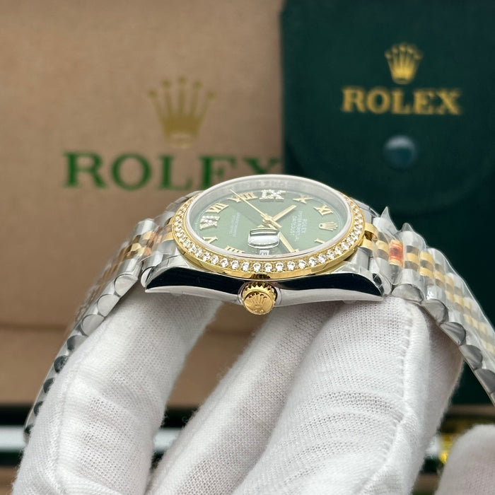 Rolex Datejust 36mm Two-Tone Jubilee Green Dial with Diamond Roman Numerals & Diamond Bezel