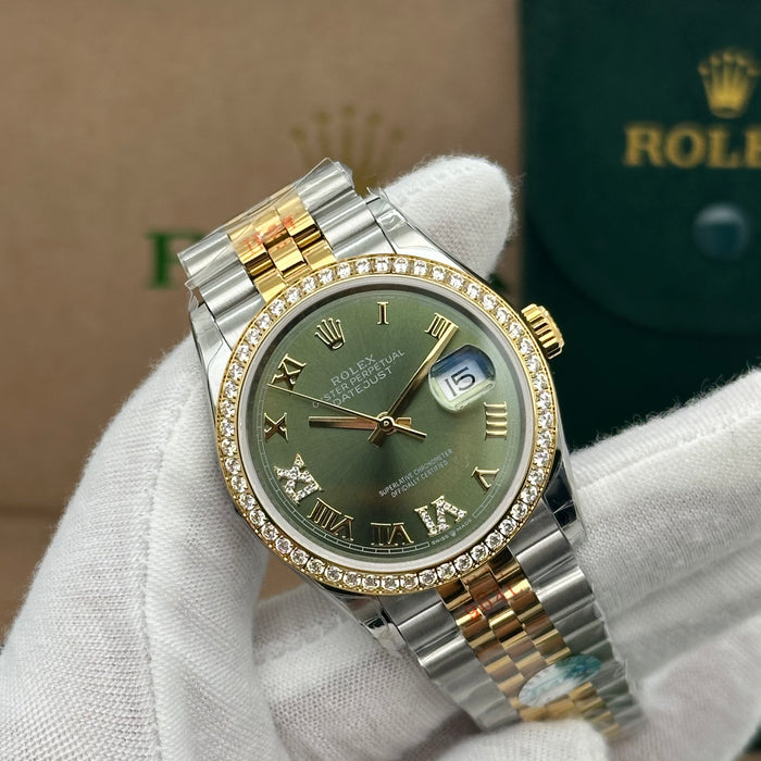 Rolex Datejust 36mm Two-Tone Jubilee Green Dial with Diamond Roman Numerals & Diamond Bezel