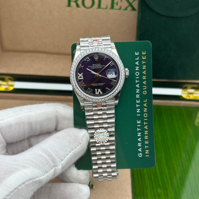 Rolex Datejust 36mm – Purple Dial with Diamond Roman Numerals & Jubilee Bracelet