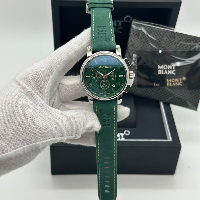 MontBlanc Time Walker Chronograph - Silver Case - Green Dial With Green Leather Strap