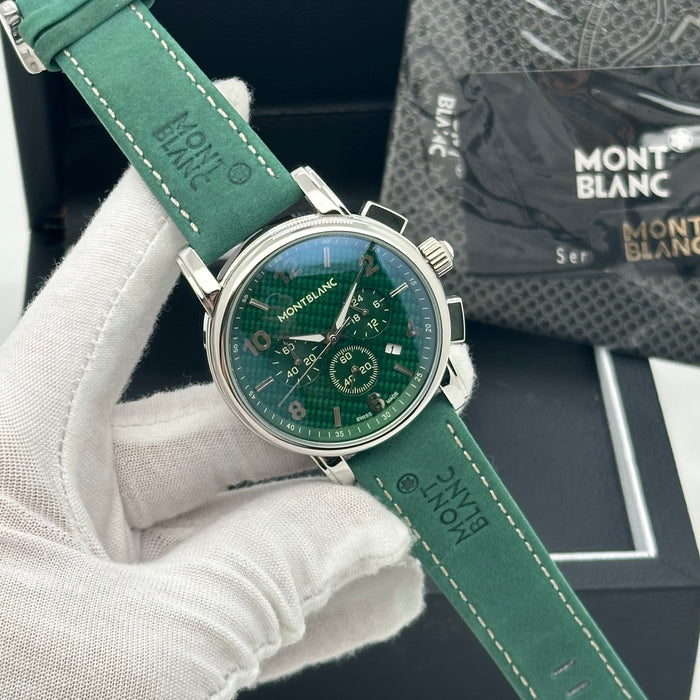 MontBlanc Time Walker Chronograph - Silver Case - Green Dial With Green Leather Strap