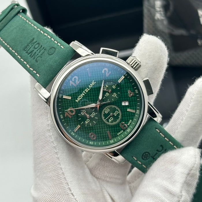 MontBlanc Time Walker Chronograph - Silver Case - Green Dial With Green Leather Strap