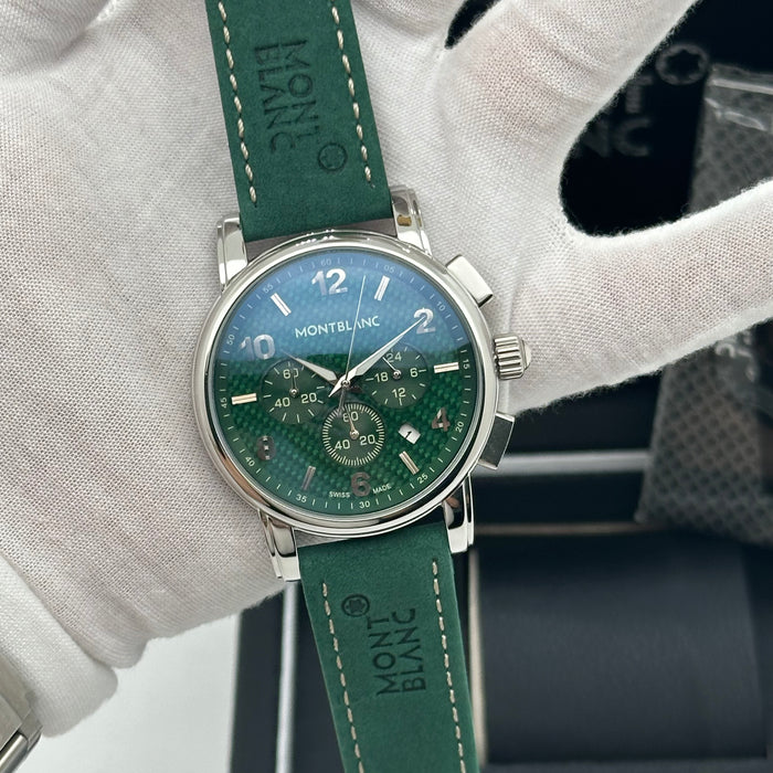 MontBlanc Time Walker Chronograph - Silver Case - Green Dial With Green Leather Strap