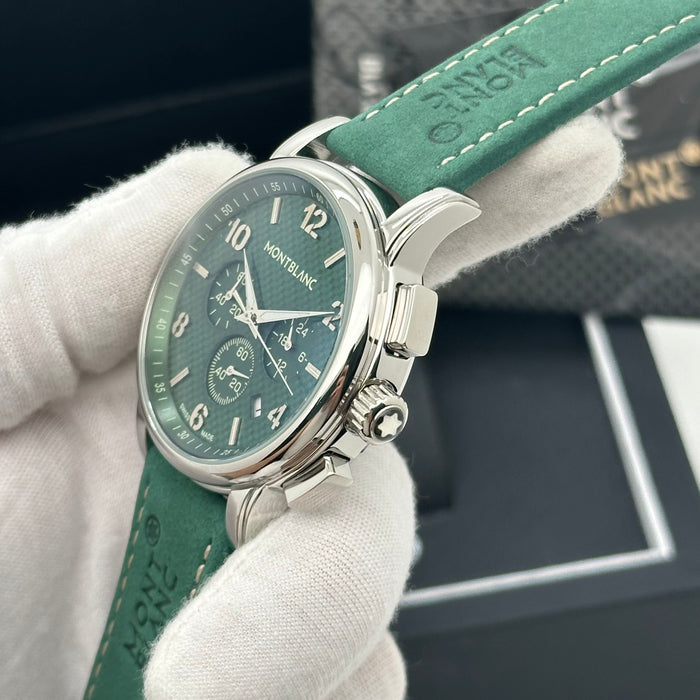 MontBlanc Time Walker Chronograph - Silver Case - Green Dial With Green Leather Strap