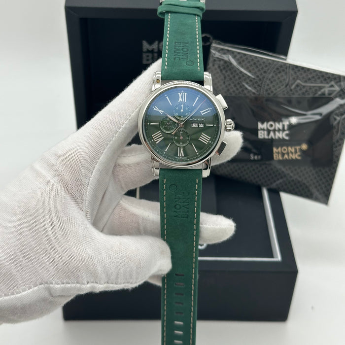 MontBlanc Time Walker Chronograph - Silver Case - Green Dial With Green Leather Strap