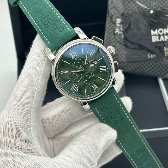 MontBlanc Time Walker Chronograph - Silver Case - Green Dial With Green Leather Strap