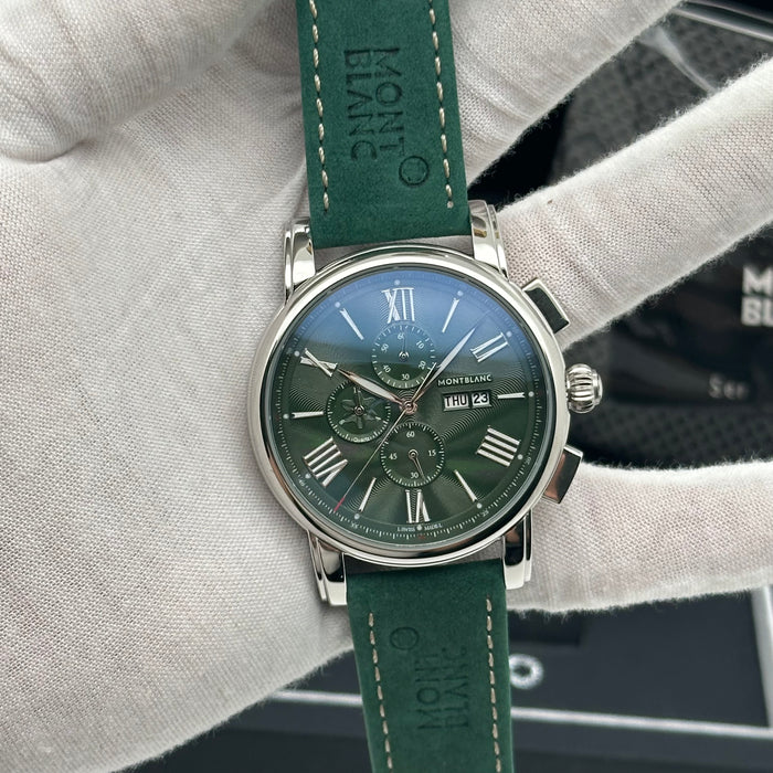 MontBlanc Time Walker Chronograph - Silver Case - Green Dial With Green Leather Strap