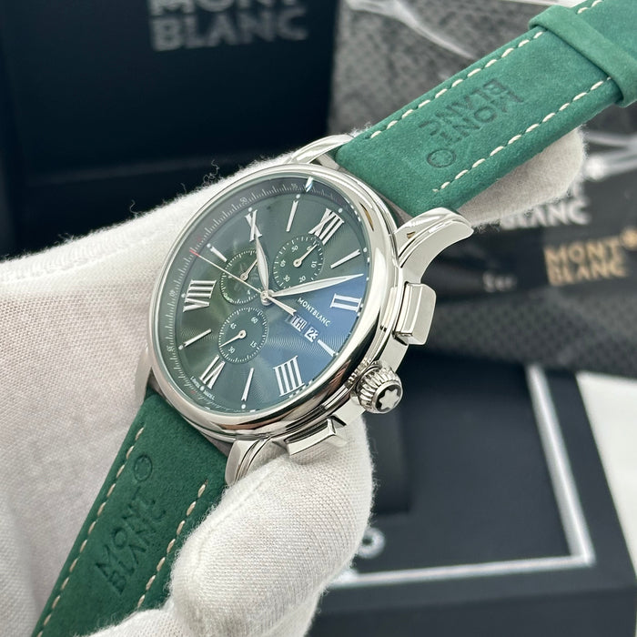 MontBlanc Time Walker Chronograph - Silver Case - Green Dial With Green Leather Strap