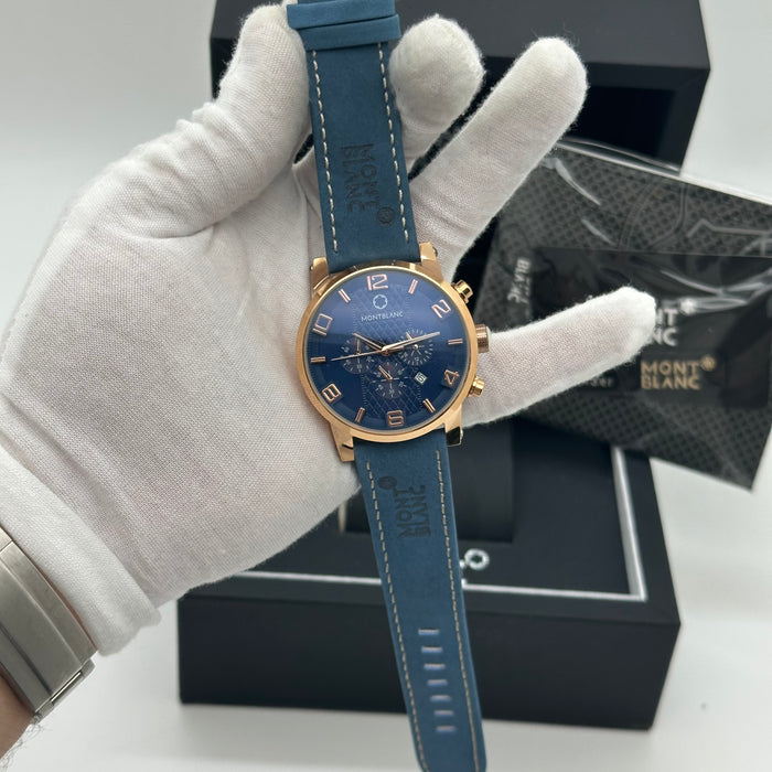 Montblanc TimeWalker Chronograph – Rose Gold Blue Dial Leather Strap