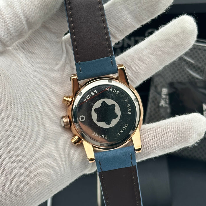 Montblanc TimeWalker Chronograph – Rose Gold Blue Dial Leather Strap