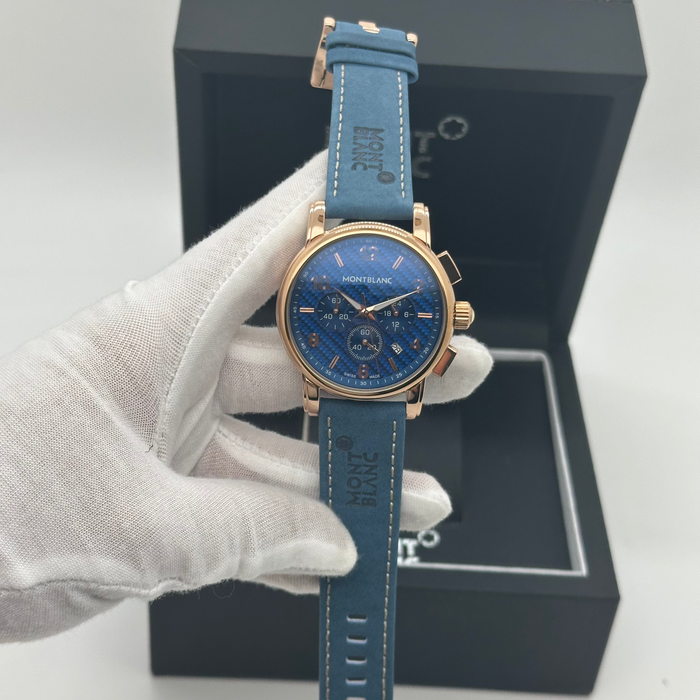 Montblanc Heritage Chronograph – Rose Gold Blue Dial with Leather Strap