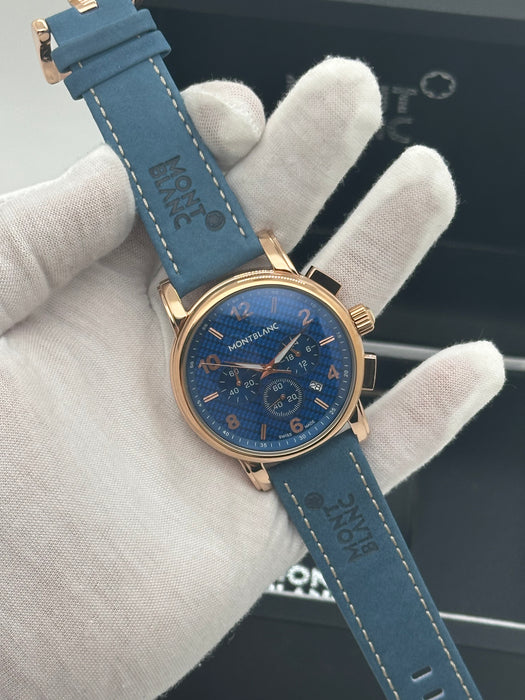 Montblanc Heritage Chronograph – Rose Gold Blue Dial with Leather Strap