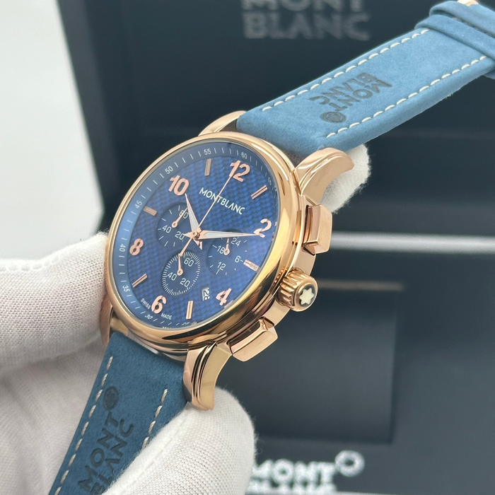 Montblanc Heritage Chronograph – Rose Gold Blue Dial with Leather Strap
