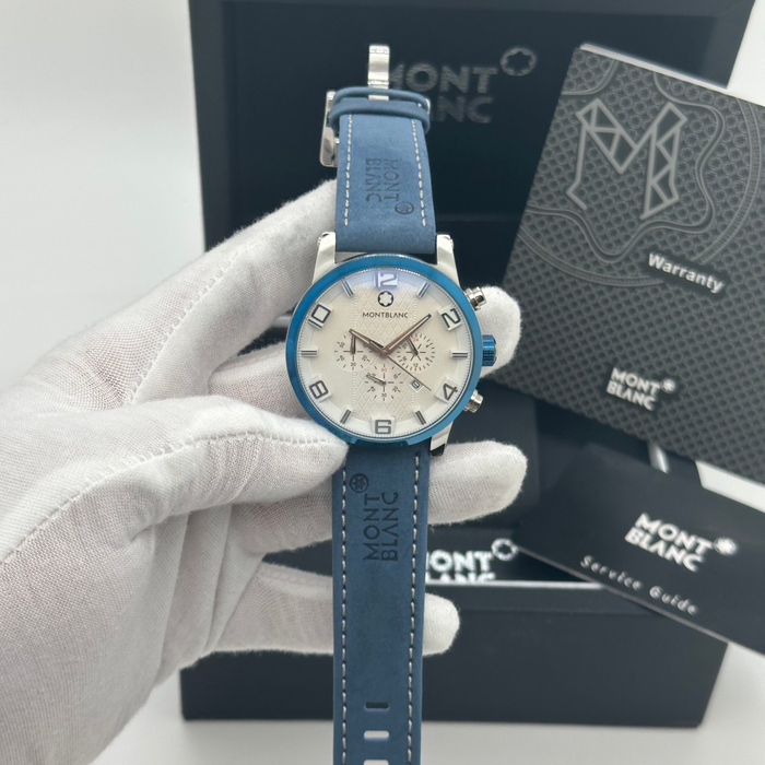 Montblanc Timewalker Chronograph – Blue Bezel with Cream Dial & Leather Strap