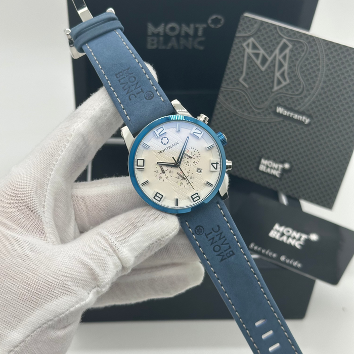 Montblanc Timewalker Chronograph – Blue Bezel with Cream Dial & Leather Strap