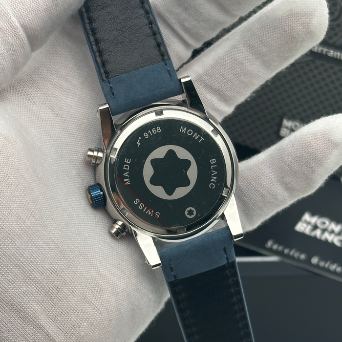 Montblanc Timewalker Chronograph – Blue Bezel with Cream Dial & Leather Strap