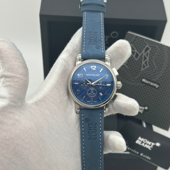 Montblanc Heritage Chronograph – Blue Textured Dial with Steel Case & Leather Strap