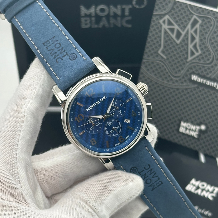 Montblanc Heritage Chronograph – Blue Textured Dial with Steel Case & Leather Strap