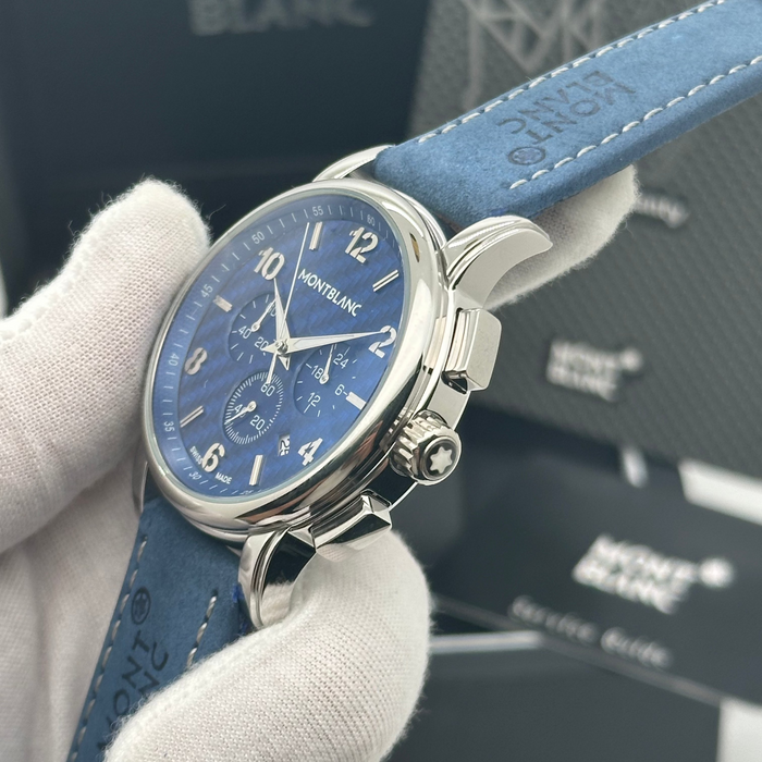 Montblanc Heritage Chronograph – Blue Textured Dial with Steel Case & Leather Strap