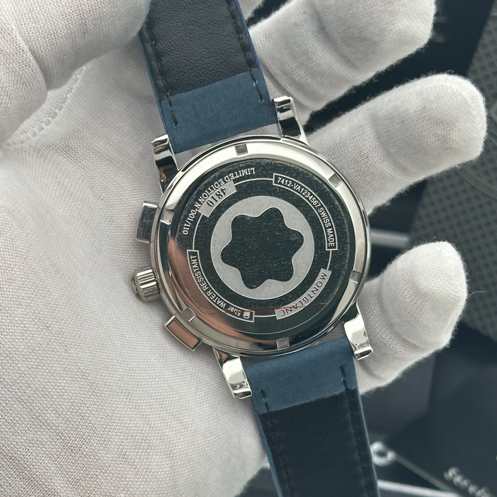 Montblanc Heritage Chronograph – Blue Textured Dial with Steel Case & Leather Strap